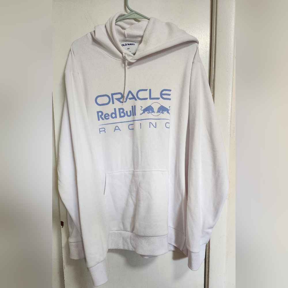 Old Navy White Hoodie with Blue Racing Graphic XXL